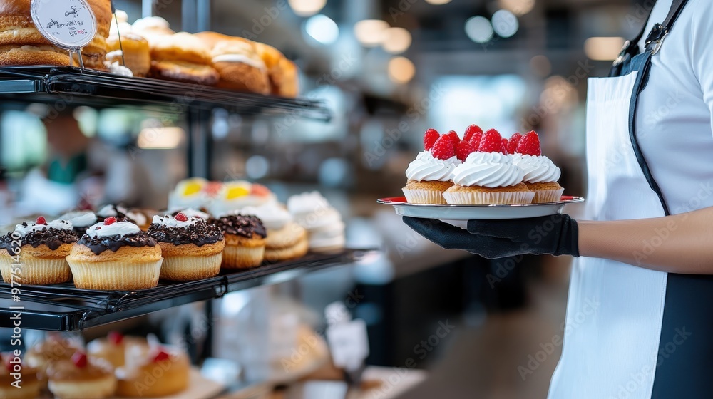 A baker holding a plate of delectable raspberry topped cupcakes in a modern bakery setting, with shelves of various pastries, capturing delicious food and craftsmanship. A baker holding a plate of delectable raspberry topped cupcakes in a modern bakery setting, with shelves of various pastries, capturing delicious food and craftsmanship.