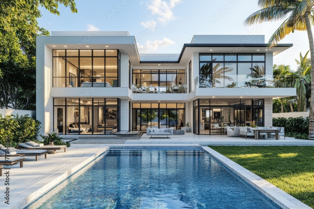 Fototapeta premium A modern Miami home with a pool and yard view. Created using stock.