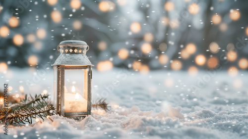 A glowing lantern with a candle sits on snow during a serene winter sunset 