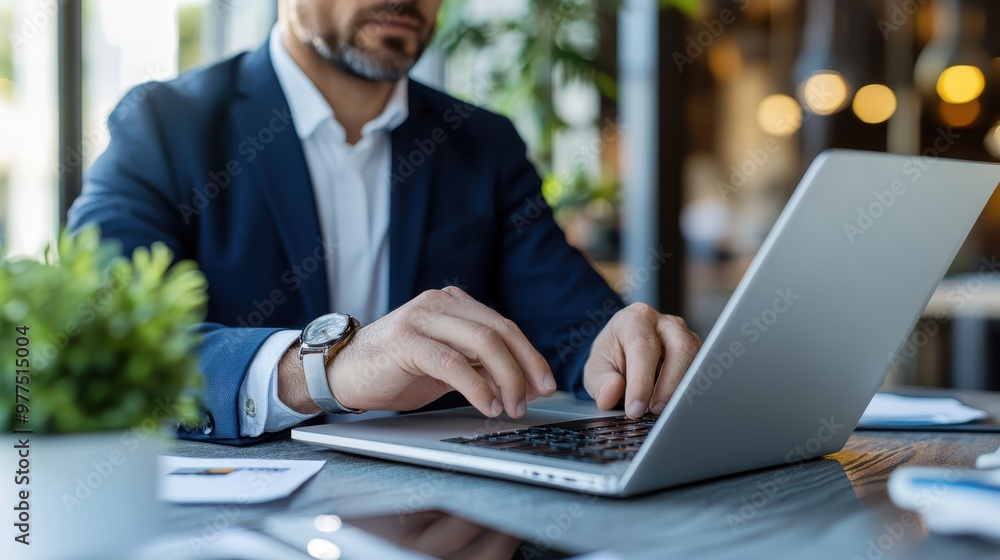 A businessman in a suit working on a laptop in a sleek modern office surrounded by potted plants; signifies productivity, professionalism, and contemporary work setup. A businessman in a suit working on a laptop in a sleek modern office surrounded by potted plants; signifies productivity, professionalism, and contemporary work setup.