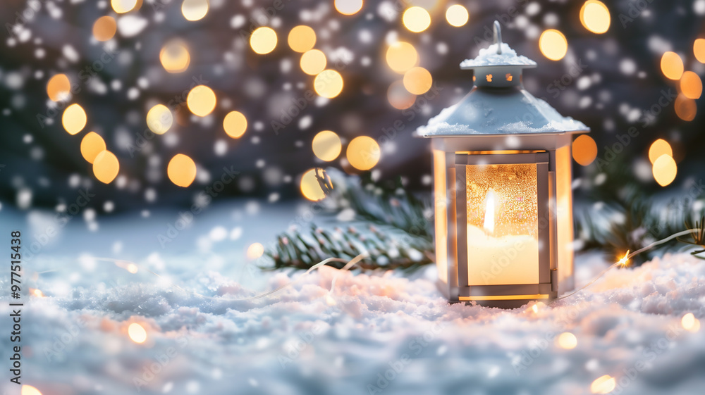 A glowing lantern with a candle sits on snow during a serene winter sunset
A glowing lantern with a candle sits on snow during a serene winter sunset