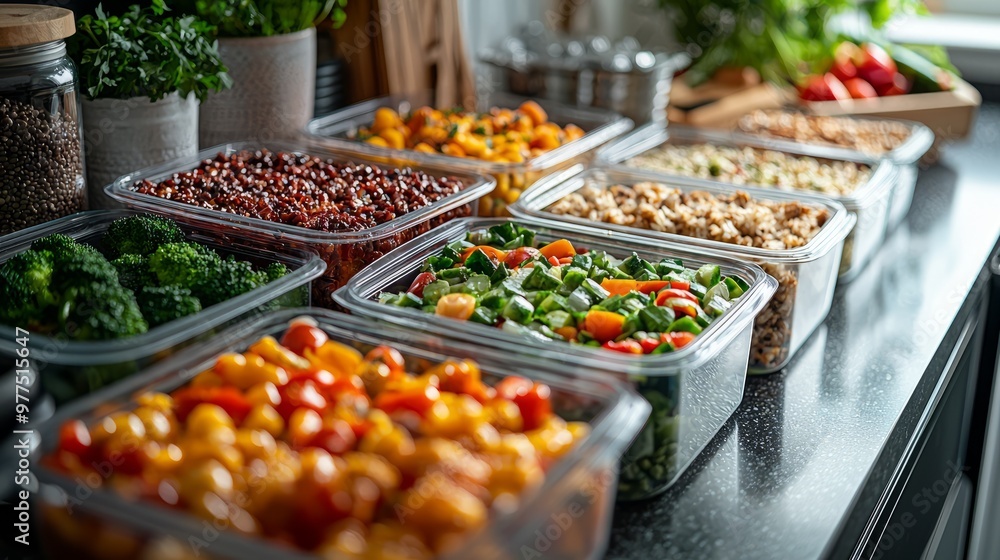 Prepared healthy meals in containers at a self-serve bar, perfect for nutrition, meal prep, and food-related content. Prepared healthy meals in containers at a self-serve bar, perfect for nutrition, meal prep, and food-related content.