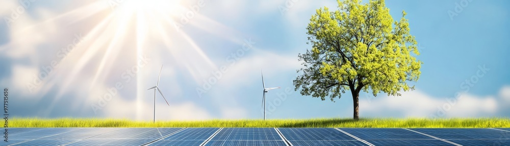 Solar Panels Wind Turbines Green Grass and Blue Sky Renewable Energy Concept Solar Panels Wind Turbines Green Grass and Blue Sky Renewable Energy Concept
