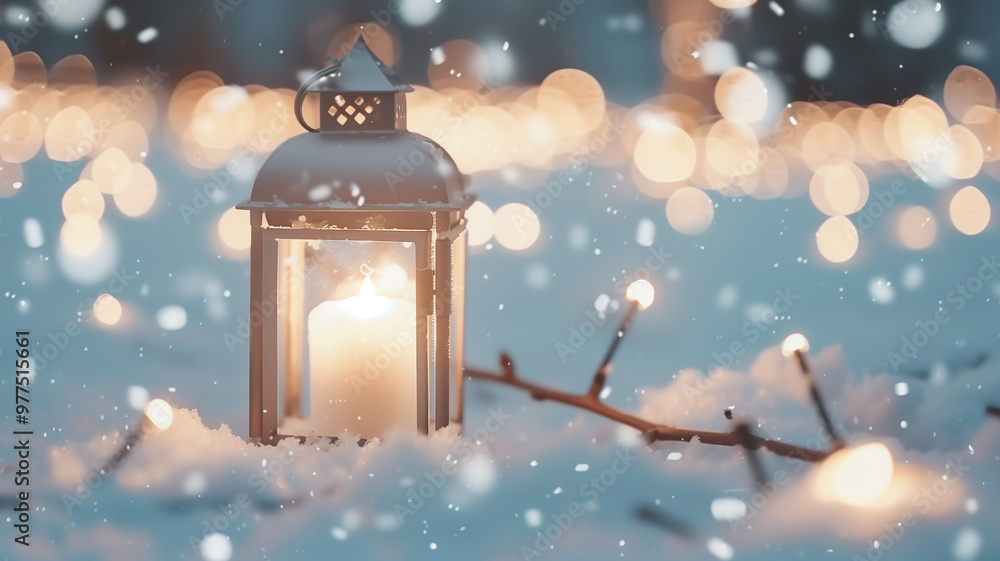 A glowing lantern with a candle sits on snow during a serene winter sunset
A glowing lantern with a candle sits on snow during a serene winter sunset