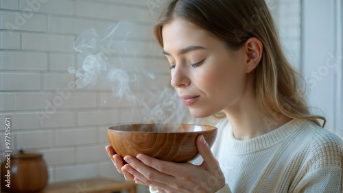Woman holding steaming bowl inhaling vapor to relieve cold symptoms at home