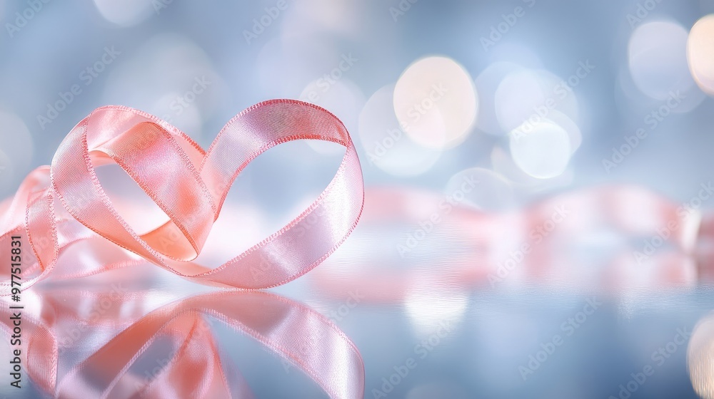 A pink ribbon shaped into a heart, gently resting on a reflective glass surface with a soft light. Focus on the heart-shaped ribbon. No people. A pink ribbon shaped into a heart, gently resting on a reflective glass surface with a soft light. Focus on the heart-shaped ribbon. No people.