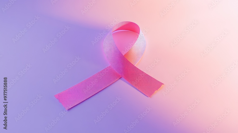 A pink ribbon symbol resting on a soft lavender background, with smooth shadows around it. Focus on the ribbonas folds. No people. A pink ribbon symbol resting on a soft lavender background, with smooth shadows around it. Focus on the ribbonas folds. No people.