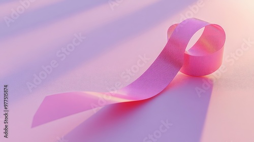 A pink ribbon symbol resting on a soft lavender background, with smooth shadows around it. Focus on the ribbonas folds. No people.