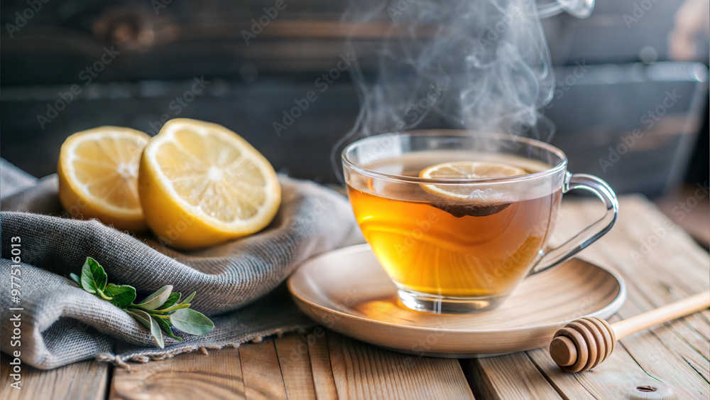 Hot cup of tea with lemon and honey on wooden table for flu recovery Hot cup of tea with lemon and honey on wooden table for flu recovery
