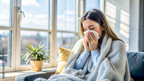 Young woman blowing nose while sitting on couch with a tissue during cold or flu photo