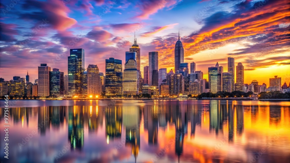 Vibrant dusk skyline of modern metropolis with sleek skyscrapers, bustling streets, and twinkling city lights reflected in calm waters against a warm orange-purple horizon. Vibrant dusk skyline of modern metropolis with sleek skyscrapers, bustling streets, and twinkling city lights reflected in calm waters against a warm orange-purple horizon.