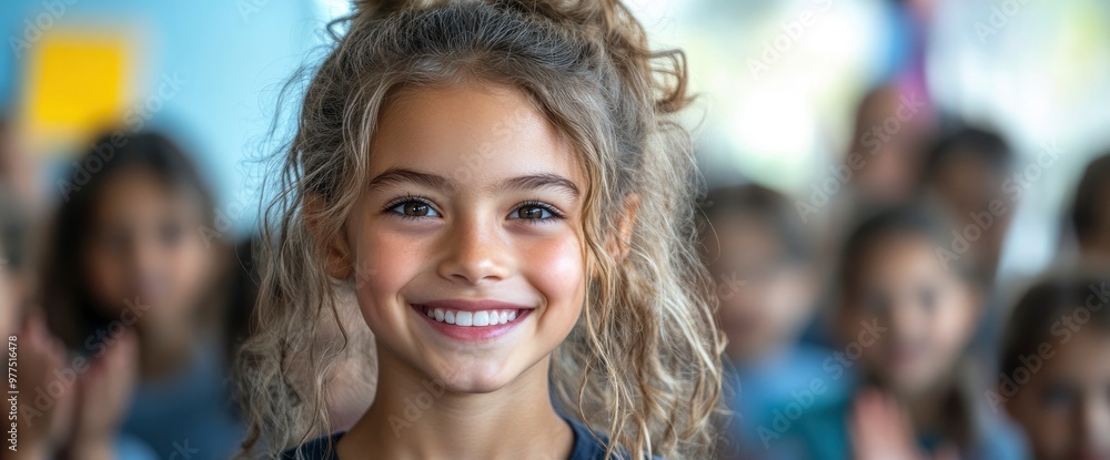 Happy school girl in classroom with classmates in background Happy school girl in classroom with classmates in background