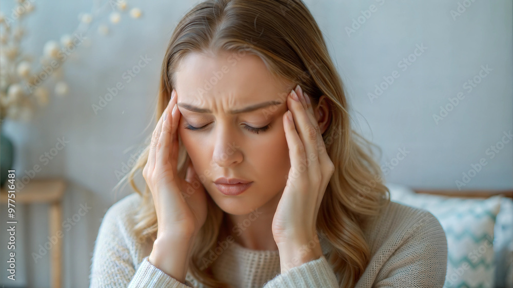 Woman holding head in pain suffering from headache while sitting indoors at home Woman holding head in pain suffering from headache while sitting indoors at home