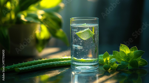 Aloe vera slice inside of a clear glass of water