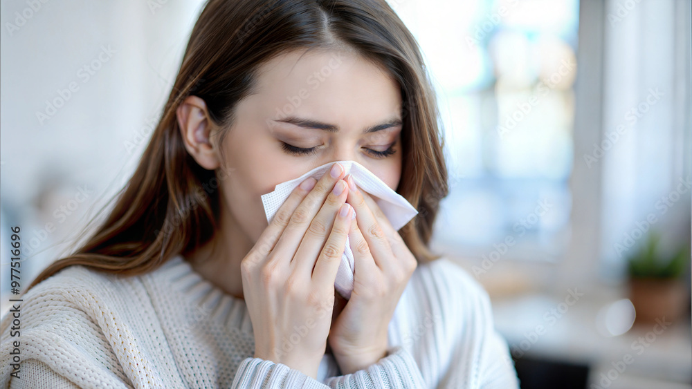 Young woman sneezing into tissue while sitting at home with a cold or flu symptoms Young woman sneezing into tissue while sitting at home with a cold or flu symptoms