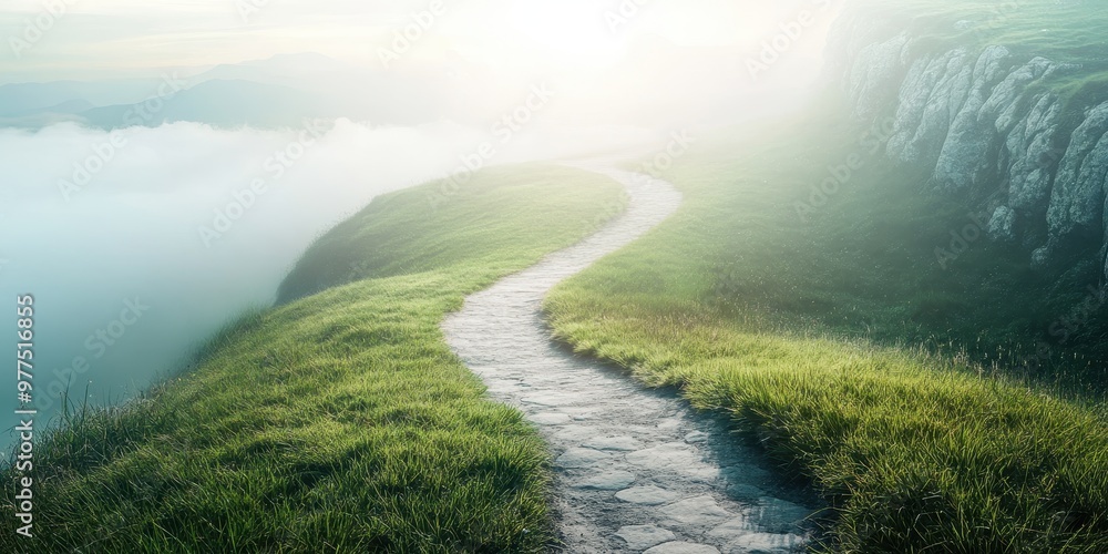 A serene winding path through lush grass leading towards a misty horizon, inviting exploration and tranquility in nature. A serene winding path through lush grass leading towards a misty horizon, inviting exploration and tranquility in nature.
