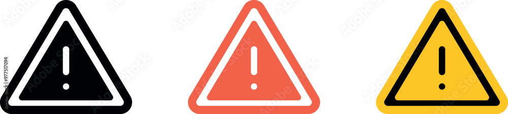 Attention sign icon set. Black, color, linear. Icons, symbols, signs. Exclamation danger sign. Attention sign icon set. Hazard warning attention sign. Silhouette on white background. Attention sign icon set. Black, color, linear. Icons, symbols, signs. Exclamation danger sign. Attention sign icon set. Hazard warning attention sign. Silhouette on white background.