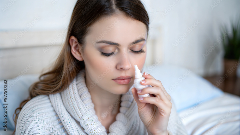 Young woman using nasal spray for flu treatment while resting indoors at home Young woman using nasal spray for flu treatment while resting indoors at home