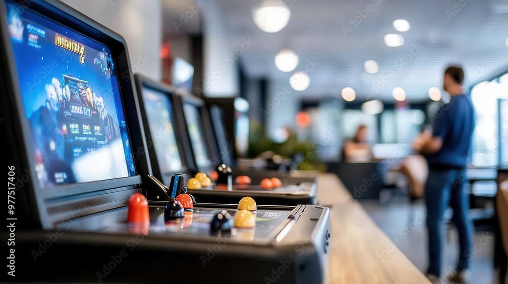 Obraz premium A stylish arcade featuring classic game machines with joysticks and buttons, showcasing players engaged in nostalgic gaming, blending classic and modern elements in gaming culture.