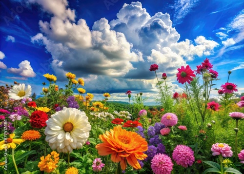 Vibrant flowers bloom amidst lush greenery, set against a stunning backdrop of fluffy white clouds drifting lazily across a brilliant blue summer sky.