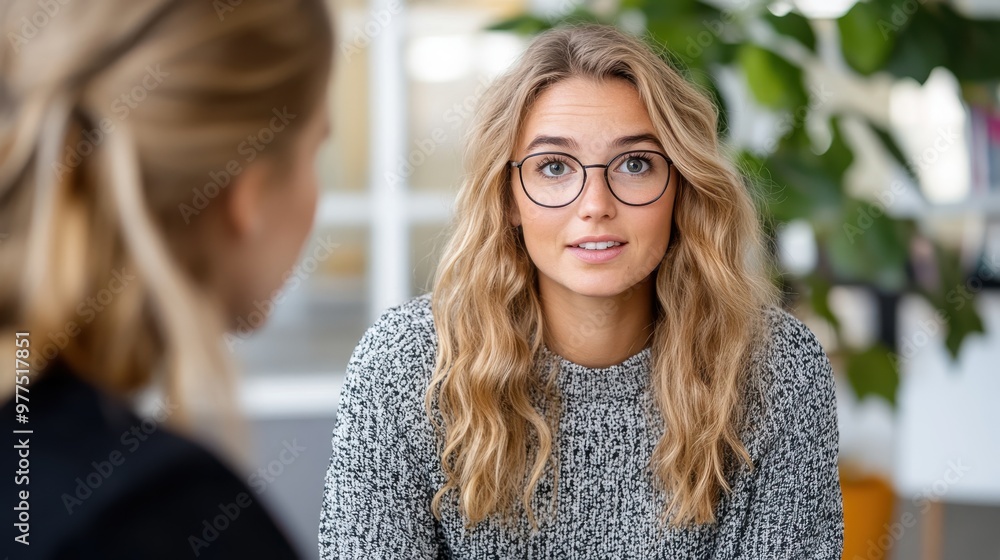 Two women engaged in a conversation, with the focus on one woman wearing glasses, sitting in a well-lit office setting, conveying attentive listening and communication. Two women engaged in a conversation, with the focus on one woman wearing glasses, sitting in a well-lit office setting, conveying attentive listening and communication.