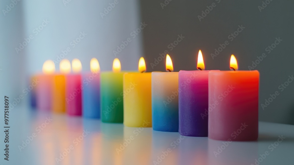 LGBTQ rainbow-colored candles arranged in a row on a white surface, softly illuminated. Focus on the candles. No people. LGBTQ rainbow-colored candles arranged in a row on a white surface, softly illuminated. Focus on the candles. No people.