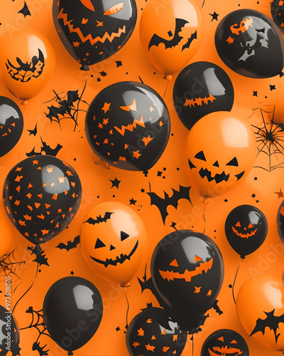 Halloween Party Balloons with Spooky Faces and Bats photo