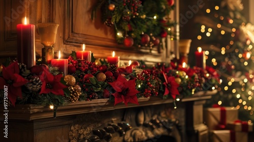 A beautifully decorated mantle with holiday garlands and candles