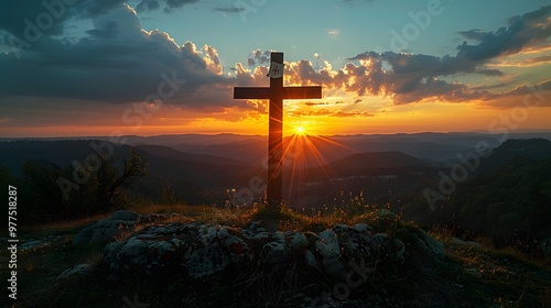 Capturesun a rise behind the cross on the moutains. AI generated