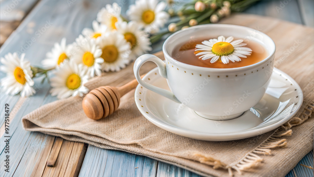Cup of chamomile tea with honey on a wooden tray, surrounded by fresh chamomile flowers Cup of chamomile tea with honey on a wooden tray, surrounded by fresh chamomile flowers