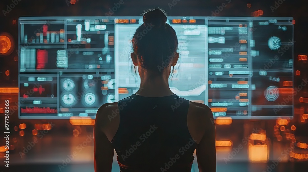 Woman standing in front of futuristic digital screens, ideal for technology, innovation, and AI-themed content. Woman standing in front of futuristic digital screens, ideal for technology, innovation, and AI-themed content.