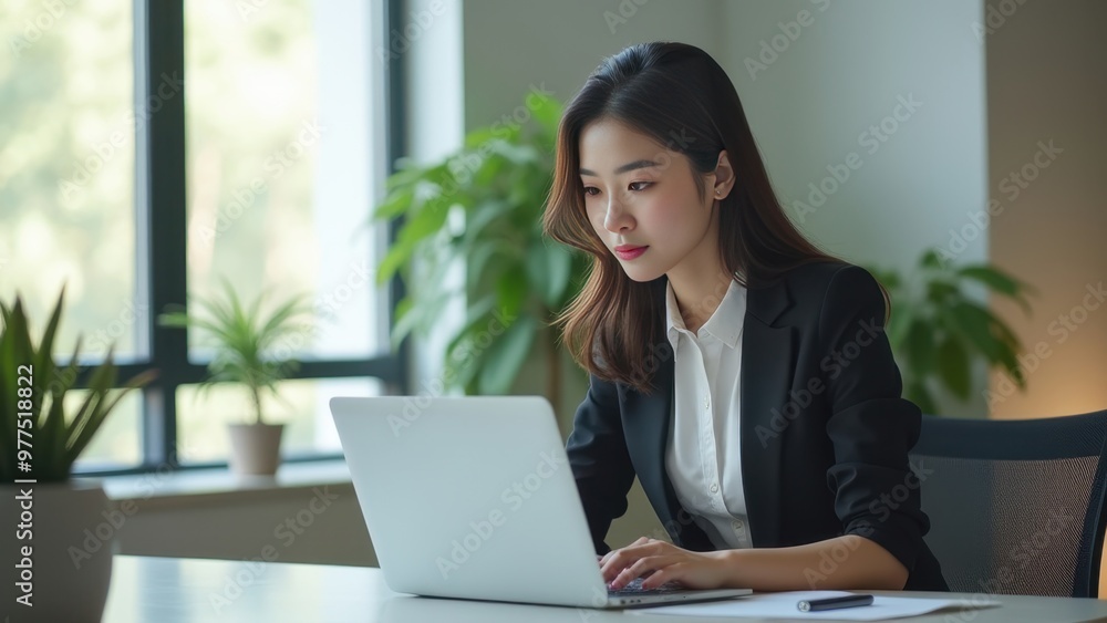 Modern office setting with a professional asian woman working on a laptop, surrounded by natural light and greenery. Modern office setting with a professional asian woman working on a laptop, surrounded by natural light and greenery.
