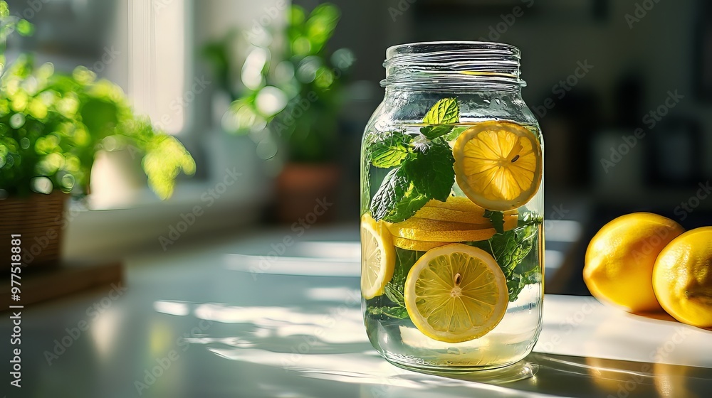 Jar of lemon water infused with mint on a sunlit kitchen counter, perfect for health, hydration, and wellness-themed content. Jar of lemon water infused with mint on a sunlit kitchen counter, perfect for health, hydration, and wellness-themed content.