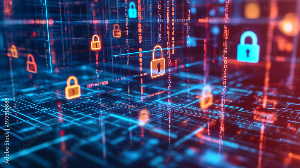 Obraz premium Cybersecurity network with glowing padlock icons, data protection, digital security, encryption, secure access, online safety, cloud security, futuristic technology background, cyber defense system AI