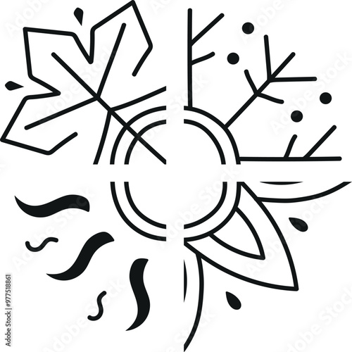 Four seasons summer, winter, spring, fall, autumn art. Seasons icons, signs, symbols. Flower, sun, leaves, snowflake.