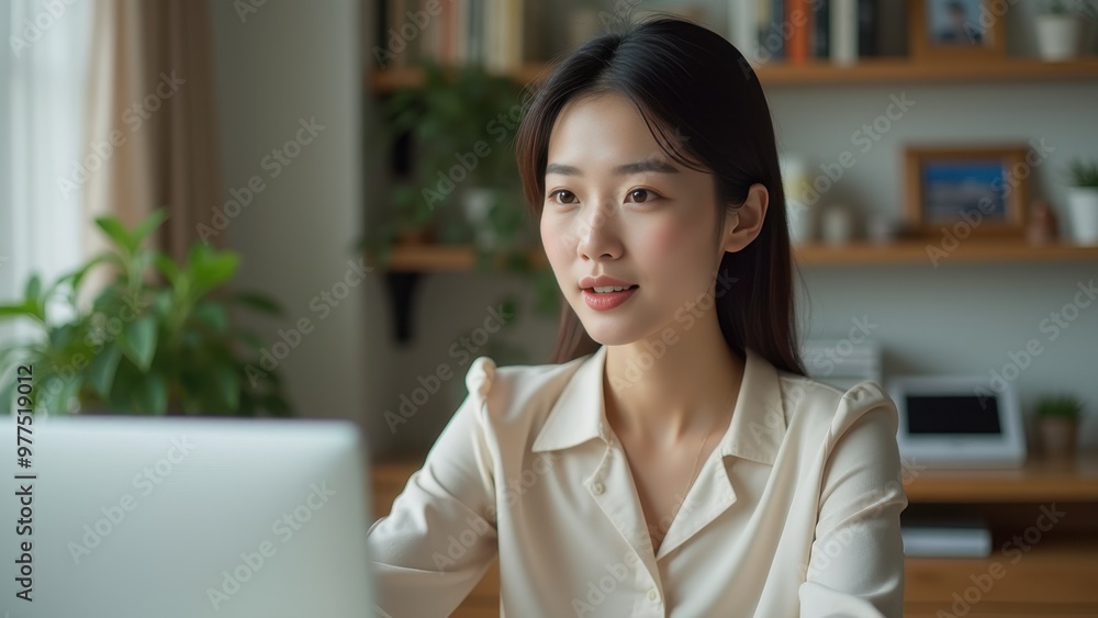 Woman in business attire working at a stylish desk in a bright, productive office environment with natural light, surrounded by books and plants, showcasing her commitment to her work. Woman in business attire working at a stylish desk in a bright, productive office environment with natural light, surrounded by books and plants, showcasing her commitment to her work.