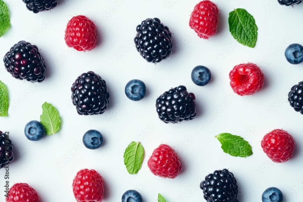 Fresh and colorful berries arranged on a white surface. This vibrant composition includes blackberries, raspberries, and blueberries. Ideal for food lovers and healthy eating. Generative AI Fresh and colorful berries arranged on a white surface. This vibrant composition includes blackberries, raspberries, and blueberries. Ideal for food lovers and healthy eating. Generative AI
