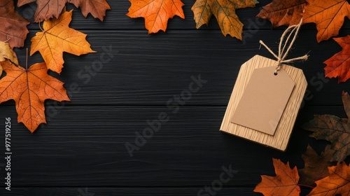 Dark wooden backdrop featuring a paper tag surrounded by colorful autumn maple leaves, perfect for fall themes. photo