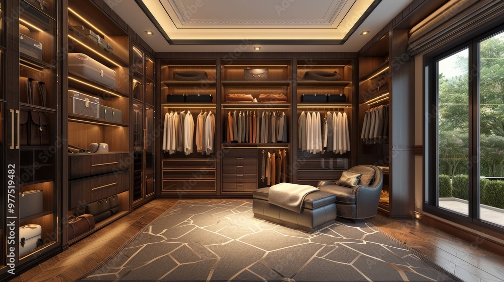 A luxurious walk-in closet with ample storage, elegant lighting, and a seating area A luxurious walk-in closet with ample storage, elegant lighting, and a seating area