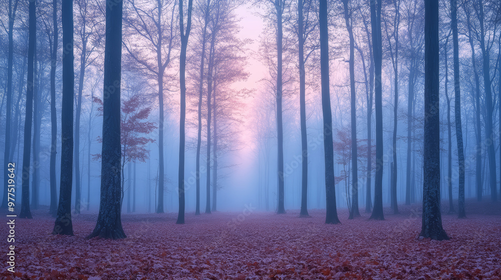 Obraz premium Misty autumn forest with tall trees and fallen leaves, tranquil atmospheric landscape at dawn