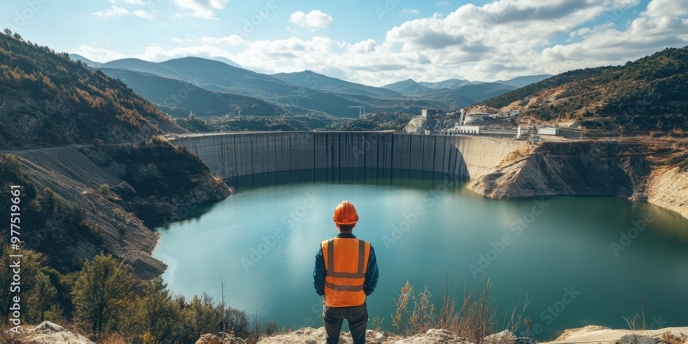 A worker in safety gear gazes over a serene dam landscape, showcasing engineering and nature's harmony. A worker in safety gear gazes over a serene dam landscape, showcasing engineering and nature's harmony.