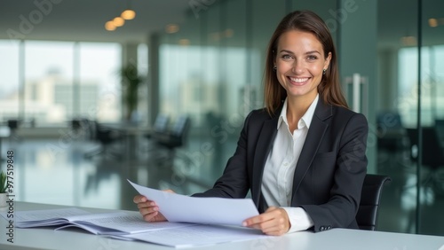 Professional Woman in a Black Suit and White inner Smiling in an Office Setting, Possibly Reviewing Documents or Engaged in Corporate Work.