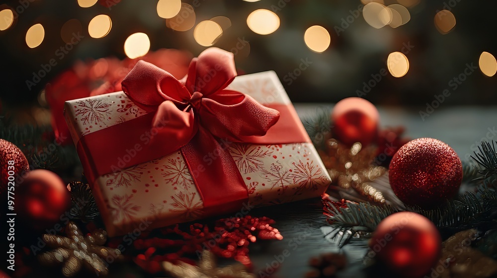 Christmas gift with ribbon and festive decorations, ideal for holiday, gift-giving, and celebration-themed visuals. Christmas gift with ribbon and festive decorations, ideal for holiday, gift-giving, and celebration-themed visuals.