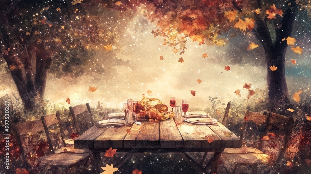 A festive outdoor table set amidst autumn leaves and soft light. A festive outdoor table set amidst autumn leaves and soft light.