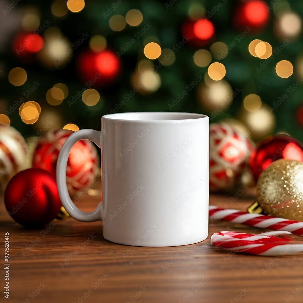 Blank black and white coffee mug with christmas decor, Christmas mug mockup. Blank black and white coffee mug with christmas decor, Christmas mug mockup.