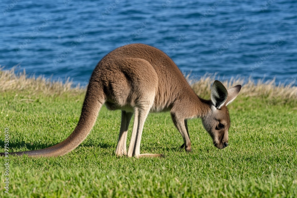 Green grass with a beach background showing a kangaroo and his joey Green grass with a beach background showing a kangaroo and his joey