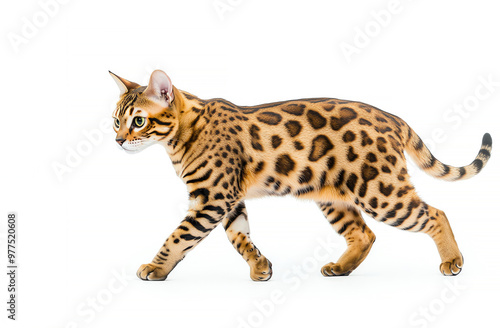 A beautiful Bengal cat showcasing its striking coat pattern as it gracefully walks against a clean white background. photo