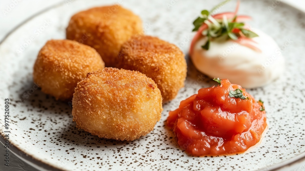 Golden-brown croquettes with tomato sauce and mayo on a textured backdrop—utterly irresistible!