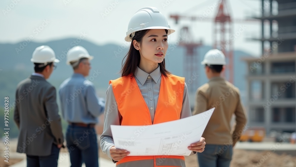 Construction Managers and Engineers in Hard Hats, Holding Documents and Reviewing Plans on Site, with Cranes and Unfinished Structures, Highlighting Teamwork and Professional Planning. Construction Managers and Engineers in Hard Hats, Holding Documents and Reviewing Plans on Site, with Cranes and Unfinished Structures, Highlighting Teamwork and Professional Planning.