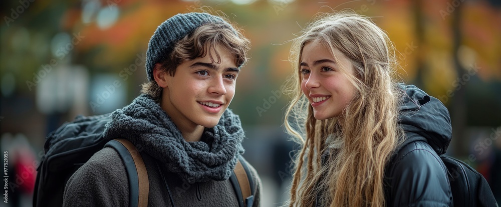 Teenage couple smiling at each other in the park Teenage couple smiling at each other in the park